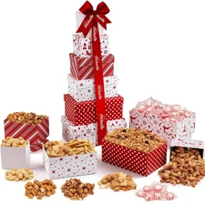 Gift Basket Tower with Fresh Nuts & Snacks, Gourmet Cravings Indulgence - 6 T...