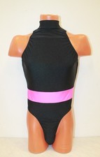 Men Thong Leotard 154-28 High Collar Black and Pink Spandex Size M