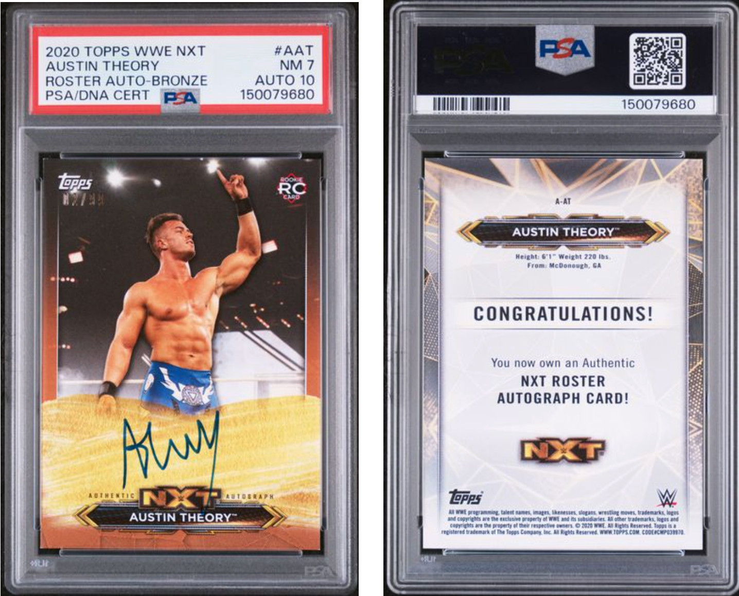 Austin Theory 2020 Topps WWE NXT Roster Autograph Bronze RC Rookie 2/99 PSA 7 view 3