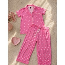 Y2K Pink Polka Dot Pajama Set Womens Medium Short Sleeve Lounge Coquette Preppy