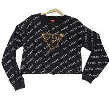 Guess Black Cropped Sweatshirt White Spellout Sequin Logo Womens Medium