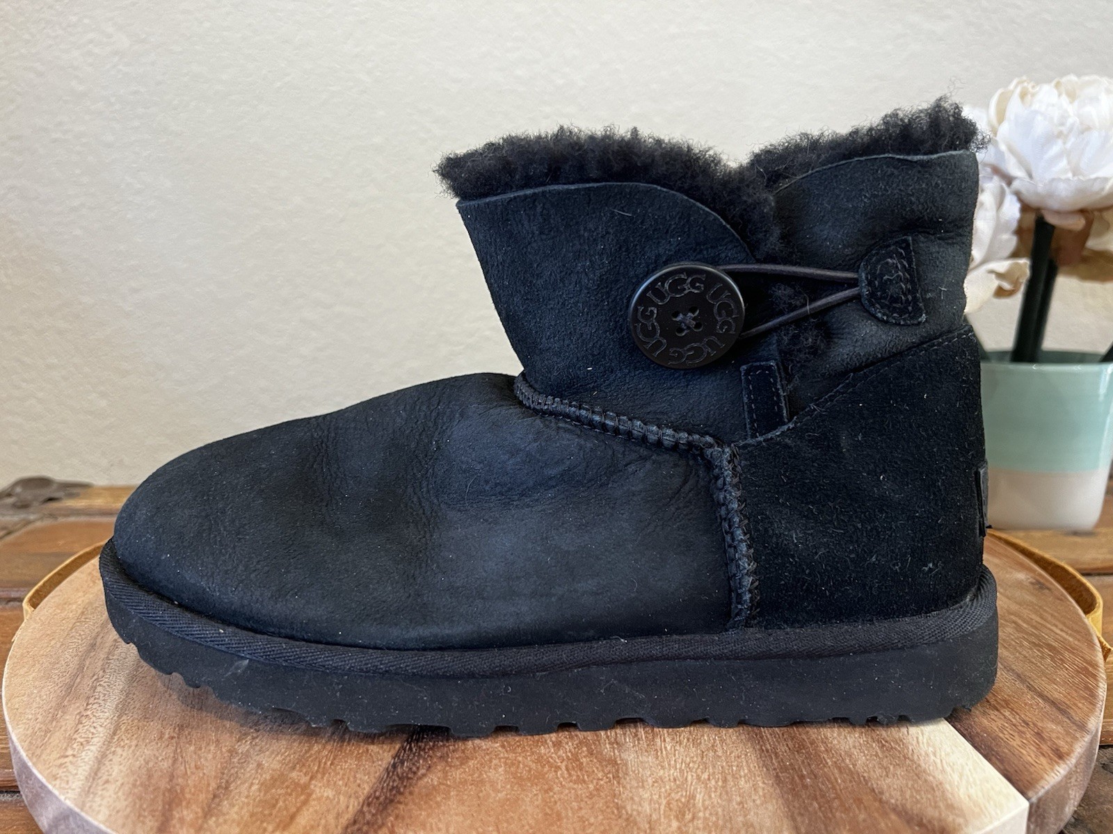 UGG Mini Bailey Button Short Boot Suede Shearling… - image 3