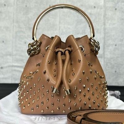 Jimmy Choo Bon Bon Buckets Leather Gold Hardware Camel 2-Way Handbag Authentic