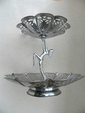 Vintage ART DECO Style Two Tier Chrome Naked Dancer  Cake/Sweets Stand