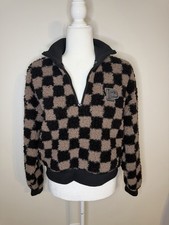 VICTORIA'S SECRET PINK Black Tan COZY FLEECE 1/2 ZIp PULLOVER XS CHECKERED
