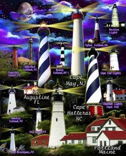 35" Fabric Panel | David Textiles Nautical Nighttime Lighthouse Collage Scene