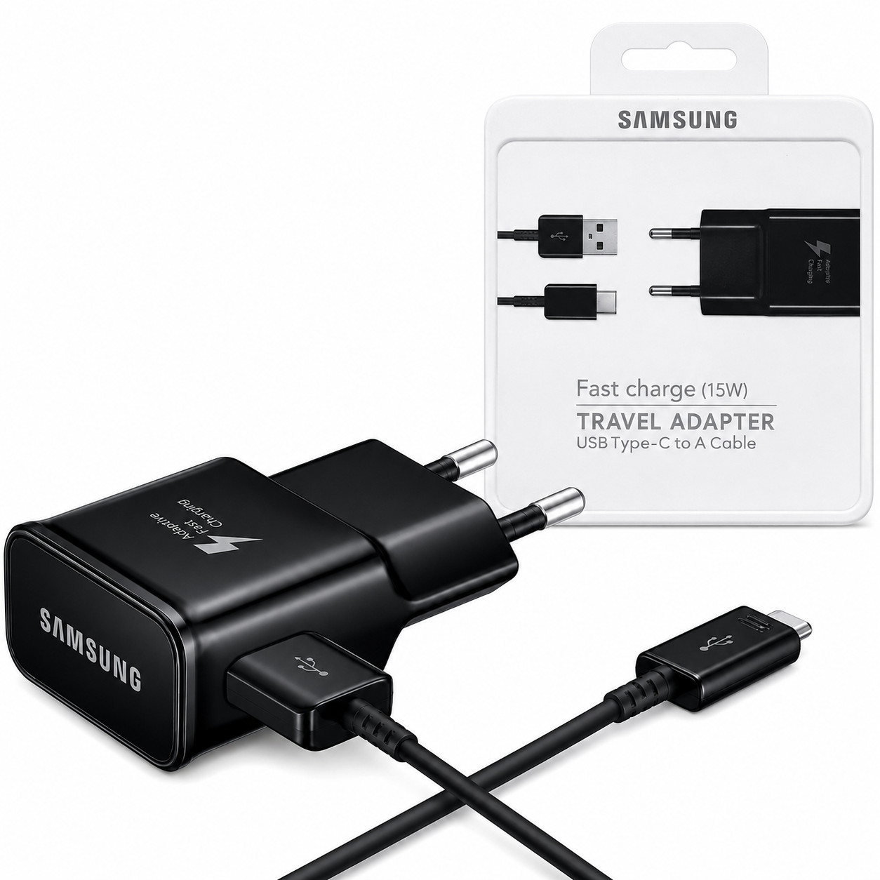 Samsung 15W Fast Charger EU Plug USB-A to USB-C Cable Travel Adapter Black