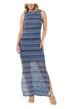 Nina Leonard Women's Sleeveless Crochet Stripe Maxi Dress Navy Multi