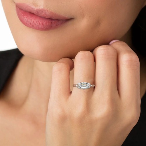 Emerald Solitaire Labgrown Diamond Trilogy Ring 14k White Gold 2.45 Ct D VVS2 - Picture 6 of 23