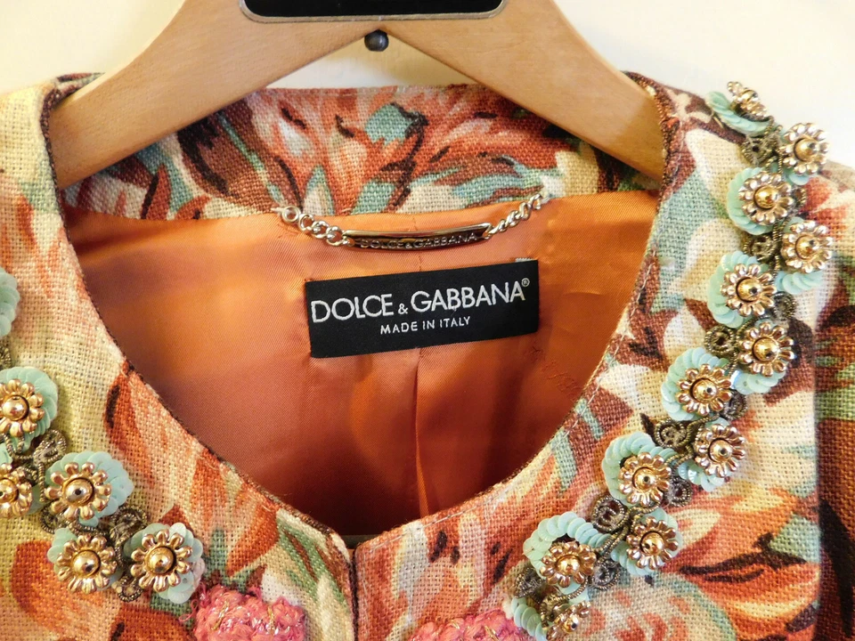 Dolce & Gabbana Floral Print Embellished Beads Sequin Linen Jacket Brown Teal 10 - Image 2 of 4