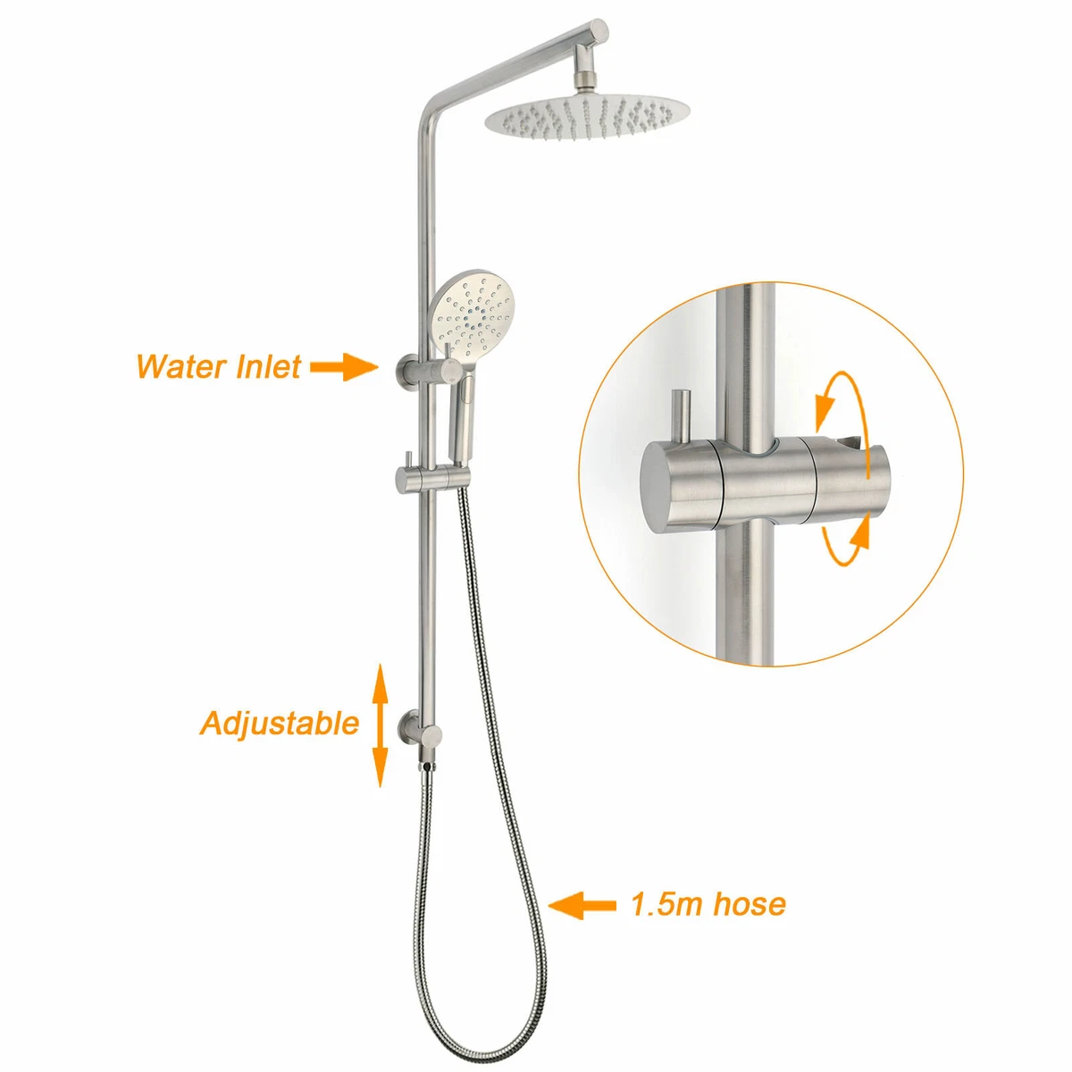 WELS Brushed Nickel Round Twin Set 8" Rain Shower Head 3 Mode Handheld Rail Arm