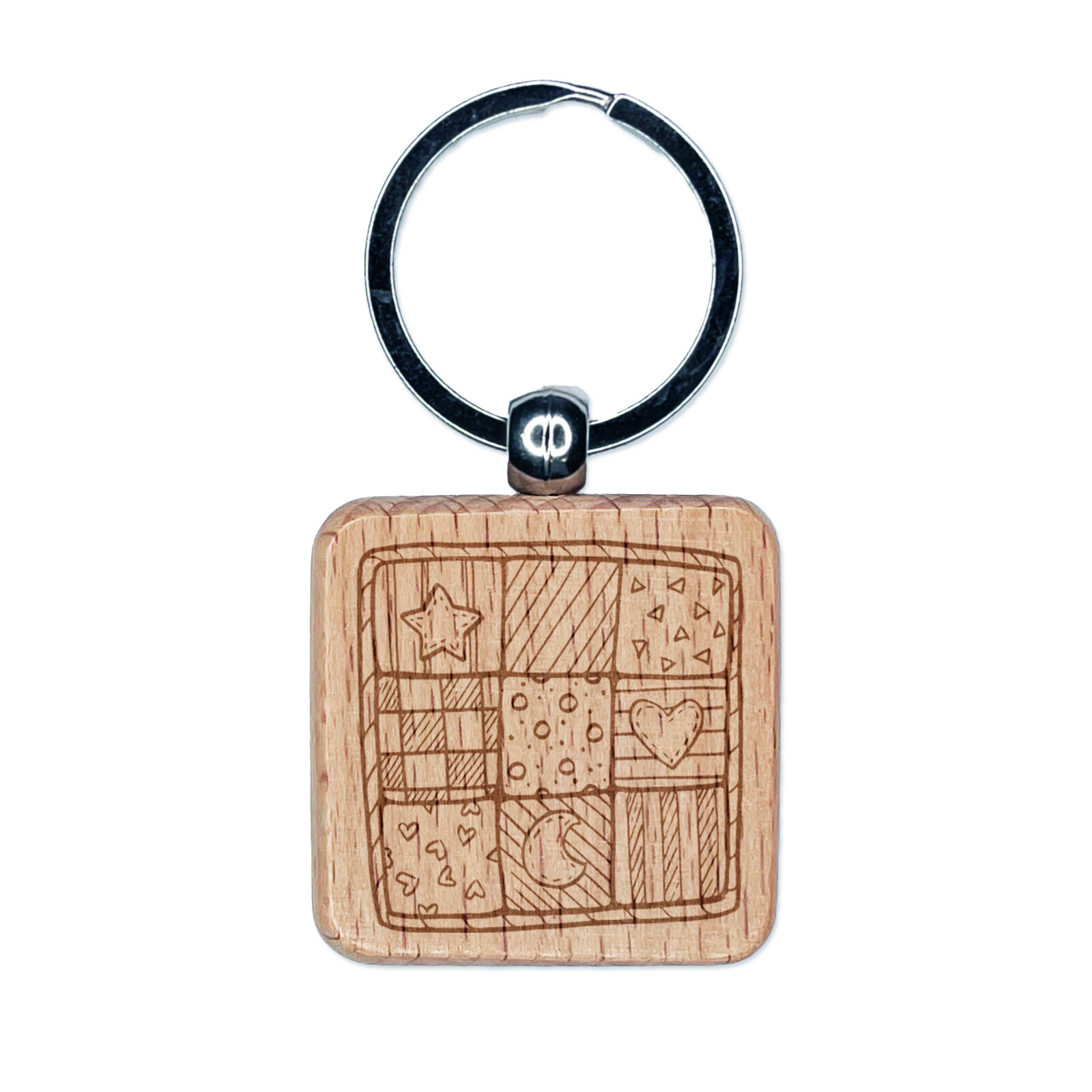 Charming Hand-Drawn Quilt Doodle Engraved Wooden Keychain for Quilters