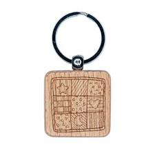 Charming Hand Drawn Quilt Doodle Sewing Quilting Engraved Wood Square Keychain