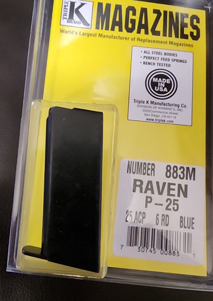 Raven Pheonix P-25 MP25 Magazine 25 ACP 6 Rd Blued Triple K 883M