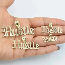 Old English Script "Hustle" Pendant Real Solid 10K Yellow Gold All Sizes