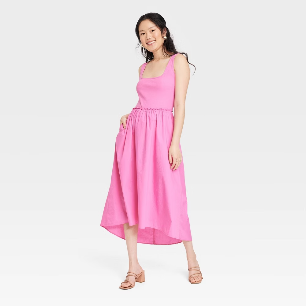 knee length dresses for ladies Black Linen Blend Button-Front Midi Dress main image 1