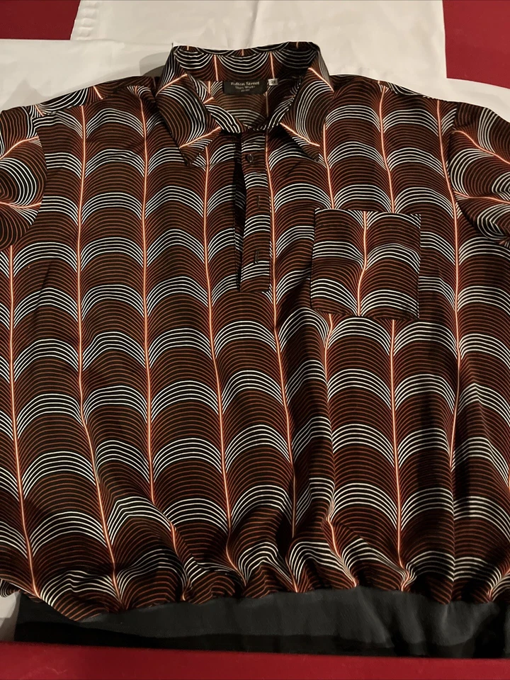 复古棕色 Geometrc Lines 半扣领 Fulton Street 衬衫 Works 2x 男式 — 第 3/4 张图片