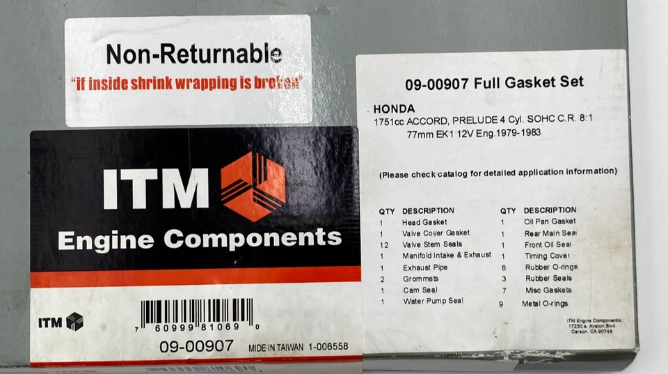 ITM ENGINE GASKET KIT FOR HONDA ACCORD, PRELUDE, 1751CC, 09-00907, READ - Image 3 of 4