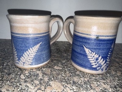 2 Handmade Studio Pottery Blue Striped Coffee Mugs Fern Pattern 4.25  Tall