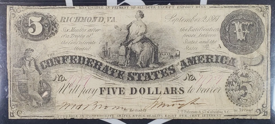 1861 Confederate States $5 Note T-36 - PCGS Graded VF 20 - Image 2 of 4