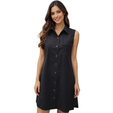 Nine West sz 4 Small black LIGHTWEIGHT button up midi shift Sleeveless dress