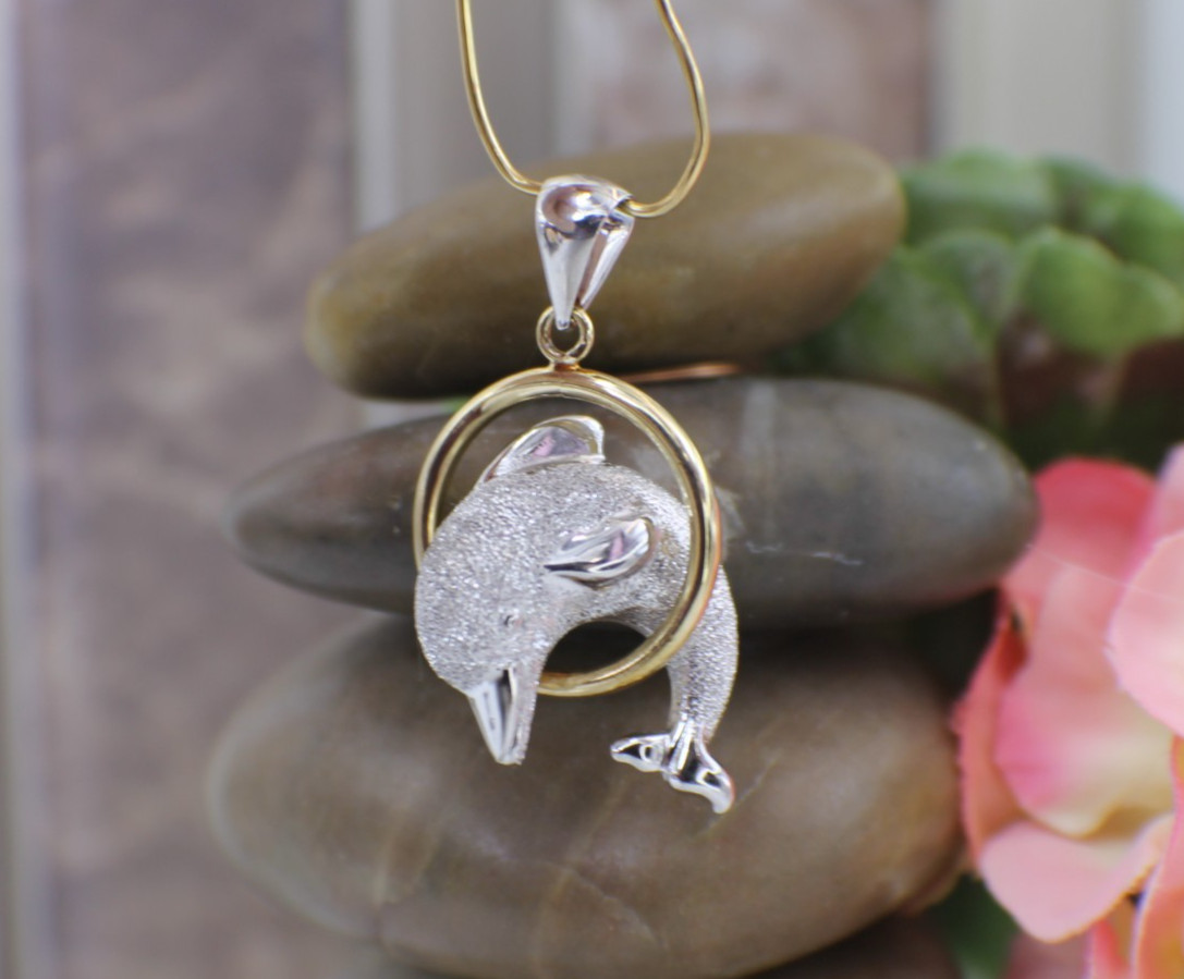 Solid 14K Two-Tone Gold Jumping Dolphin Glittery … - image 1