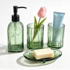 Green Square Glass Bathroom Accessories Set, 4Pcs Soap Dispenser Set