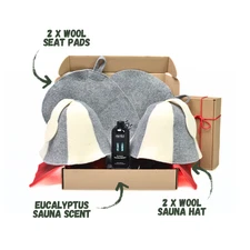 Sauna Gift Set with Two Hats, Wool Felt Seat Cushions and Eucalyptus Infusion