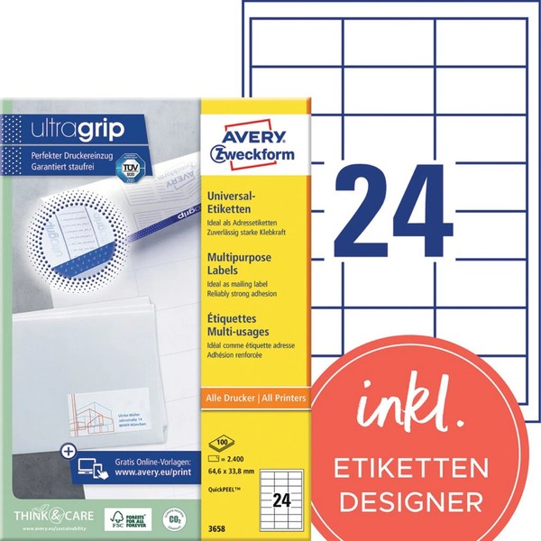 Avery Zweckform Universal-Etiketten, 64,6 X 33,8 Mm, Weiß 1 Bis 40 Stk-image