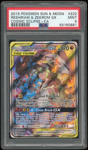 2019 Pokemon Cosmic Eclipse Reshiram & Zekrom Gx Full Art #222 S&M MINT PSA 9