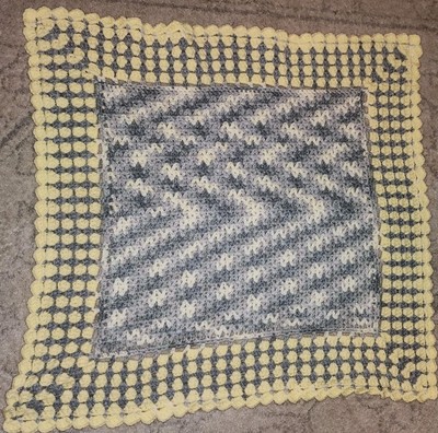 Lap/Baby Afghan/Blanket/Throw Bluish Gray, White & Yellow Handmade  30 x27 
