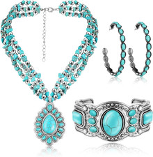 3 Pcs Western Jewelry for Women Bohemian Set, Boho Pendant Long Choker, Faux Lea