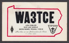 WA3TCE Len Fowler 252 Lee Circle Bryn Mawr PA QSL postcard 1975