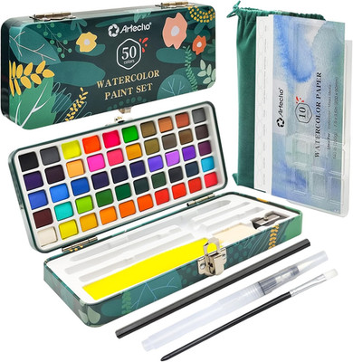 Artecho Aquarellfarben Set 50 Farben in Tragbarer Box Inklusive 4 Fluoreszierend