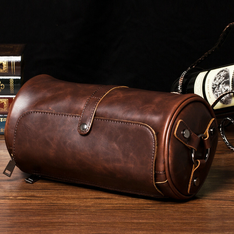 Men Crazy Horse Leather Bag Round Messenger Bag Vintage Messenger