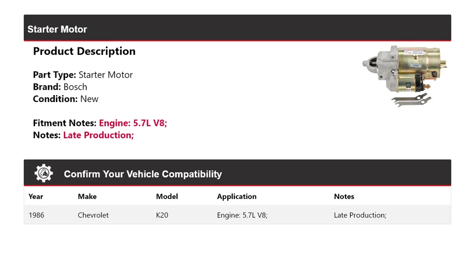 Стартер Bosch для 1986 Chevrolet K20 5,7 л V8 (новый) - Изображение 2 из 4