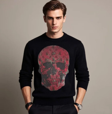 New Men Luxury Diamond Skull Rhinestones Fashion Knitted Black Sweater