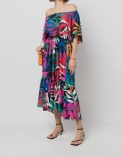 868 Eres Women's Blue Silk Floral Off-Shoulder Self-Tie A-Line Dress Size M/L