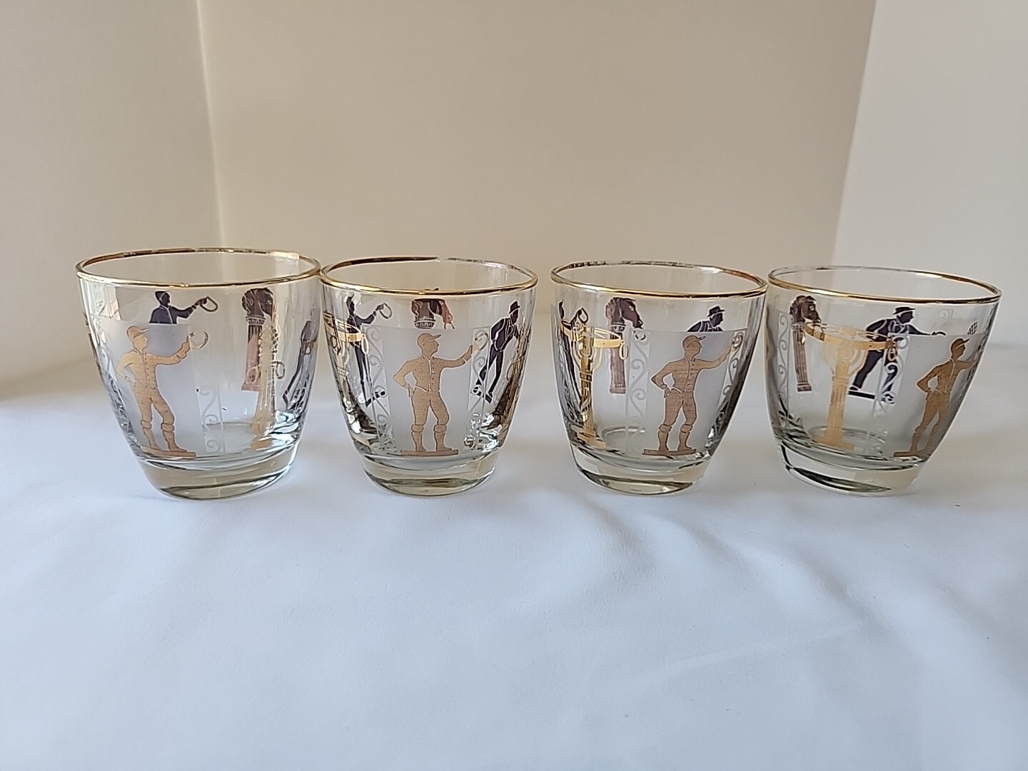 Equestrian Horse Jockey Gold Double Old Fashion Cocktail Barware 4 Glass Set