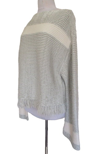 PROENZA SCHOULER WHITE LABEL Sweater Rib Knit L Women Gray Cream Wool Fringe Hem - Picture 2 of 8