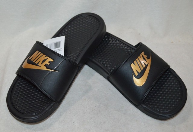 mens black and gold nike slides