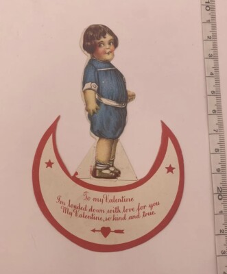 Antique German Valentine Card Standee Moon Crescent Holiday