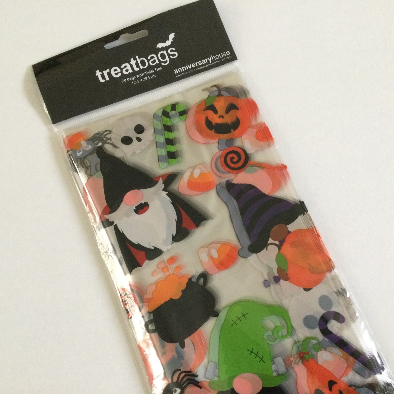 Halloween Gonk Treat Bags Clear Gnome Patterned Cello Cellophane Gift Ties 20pk