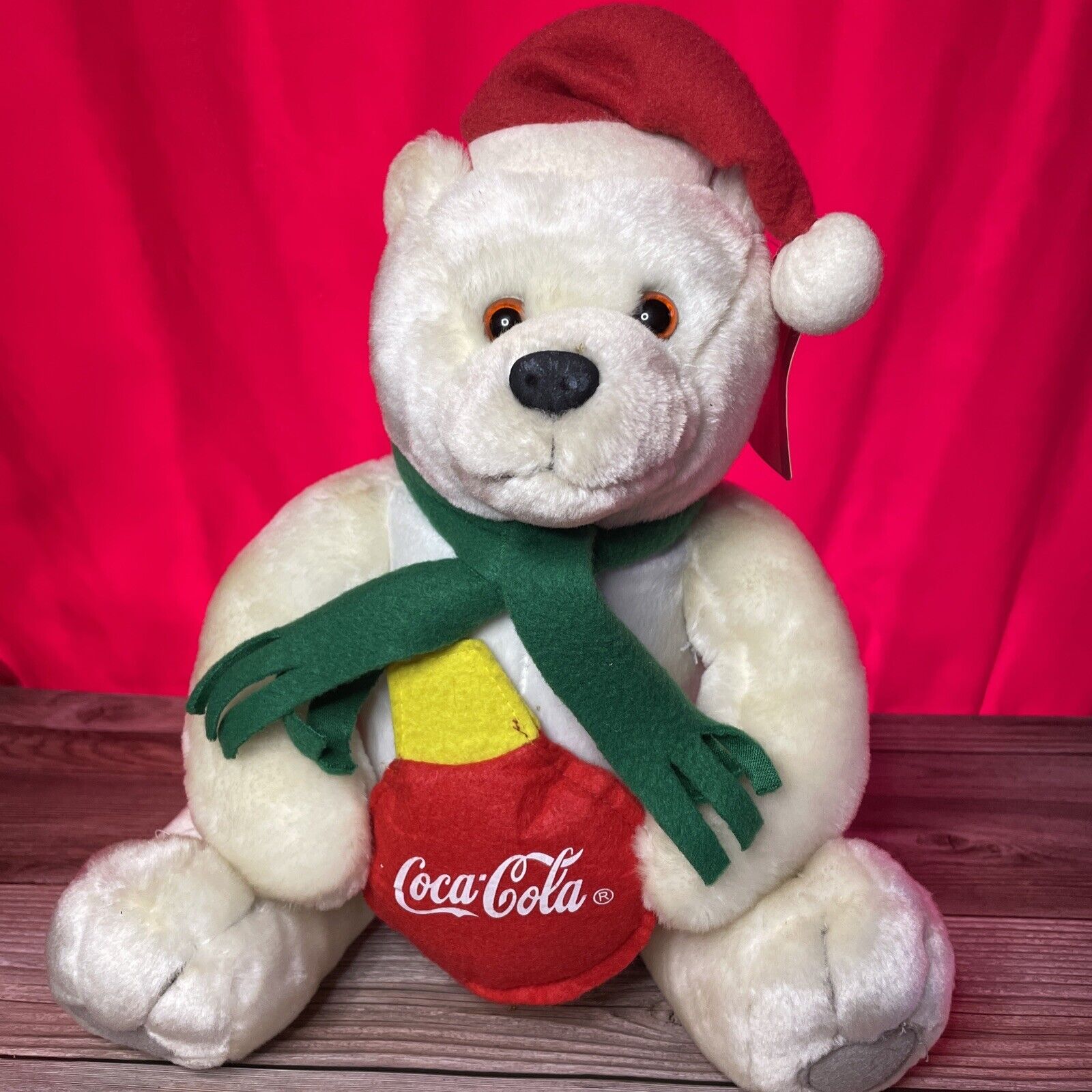 VINTAGE COCA COLA Christmas POLAR BEAR STUFFED Plush ANIMAL Scarf Hat 12”