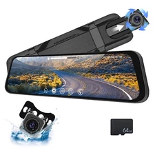 CAMECHO 9.66" Mirror Dash Cam Rear View Mirror Camera Front and Rear 1080P Ba...