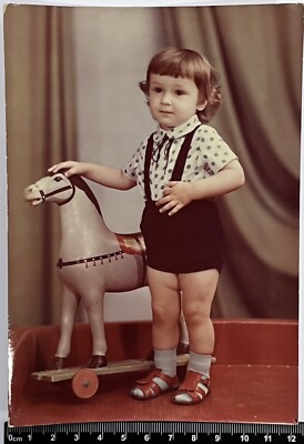 Old photo Cute Boy Toy Horse Tricycle #975