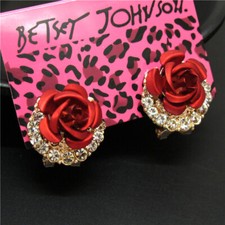 New Girl Red Metal Rose Flower Crystal Fashion Women Stand Earrings Gift
