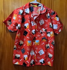 Boo Boo Pajamas Short Sleeve Top Cat Fish Bone Print Red Button See Measurements