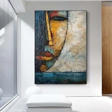 Blue Hand painted Oil Painting Canvas Wall Art Modern Abstract Landscape Yellow