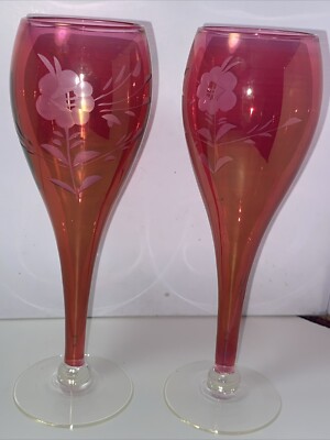 Pair Of 7  Bohemian Czech Cranberry Hollow Stem Champagne Glasses  Etched Roses 